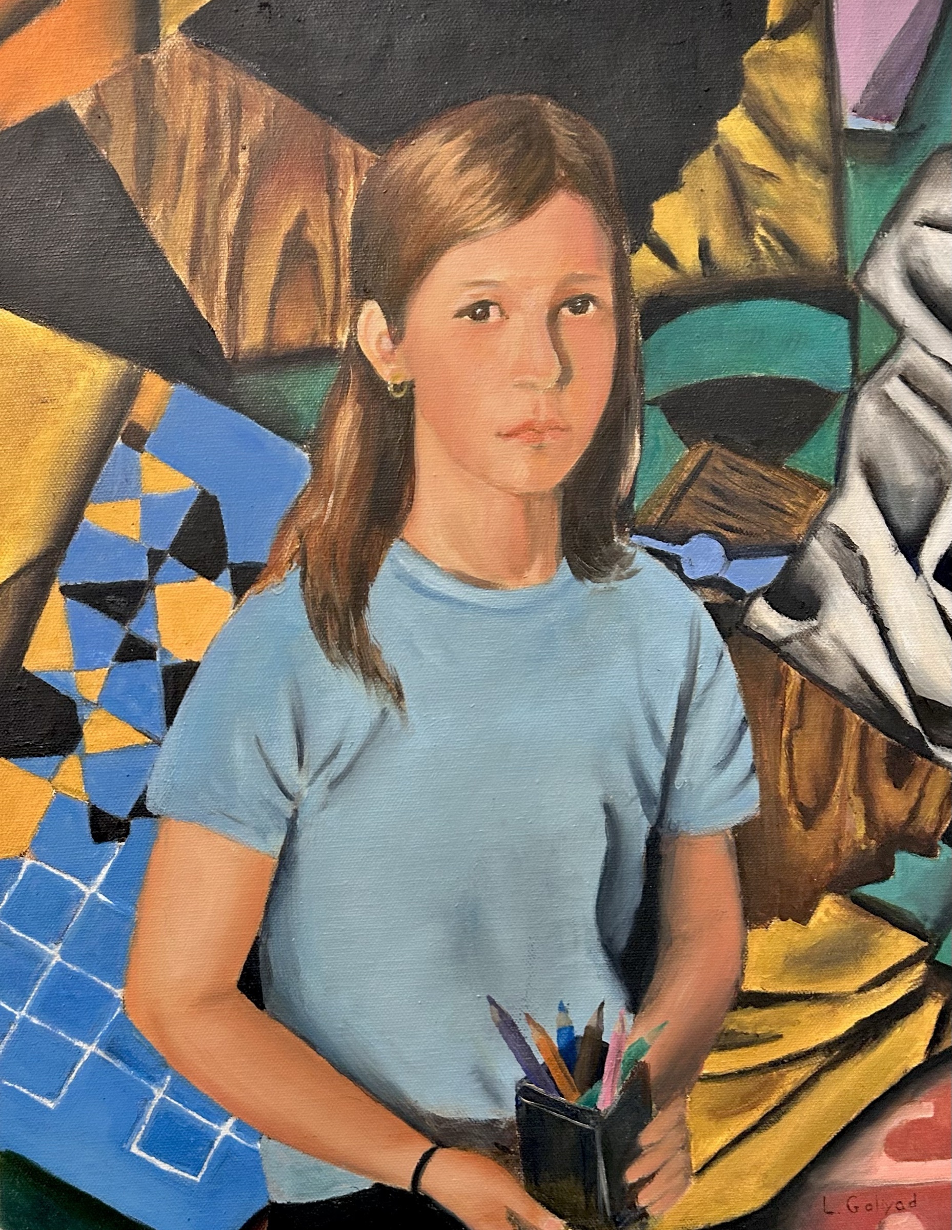 Self-portrait with pencils, oil painting by Lisa Goliyad
