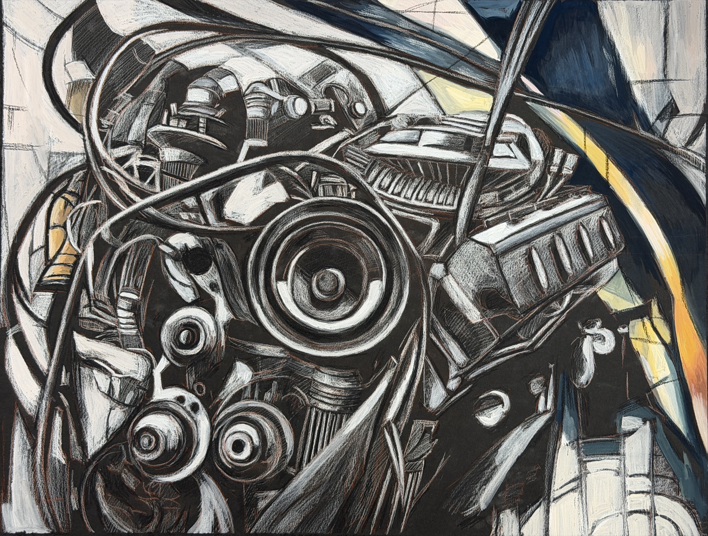 Work 3: A painting of a complex mechanical system, built from the forms of an engine.
