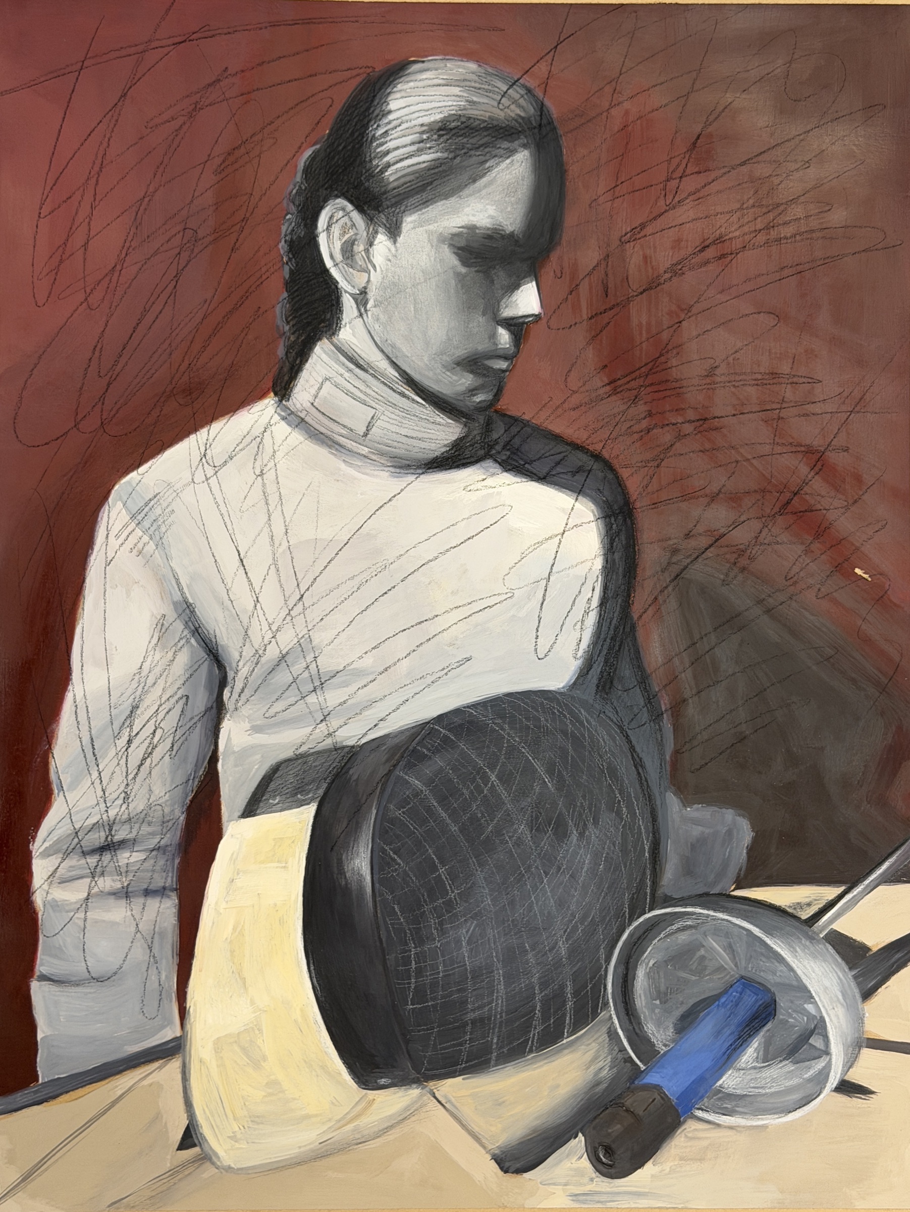 Work 4: A portrait of a fencer with mask and foil in the foreground, set against a scratched red background.