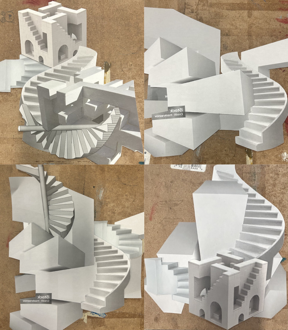 Work 8: A collage of spiral staircases and angular architectural volumes, assembled from cut-out studies.