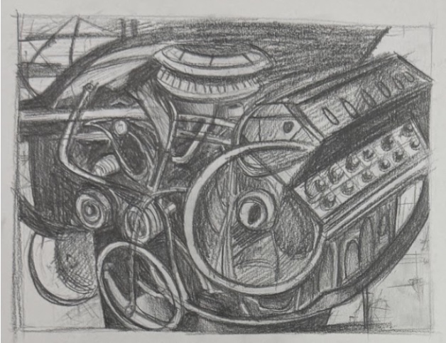 Work 9: A mechanical figure built from engine components, with higher contrast and finer detail.