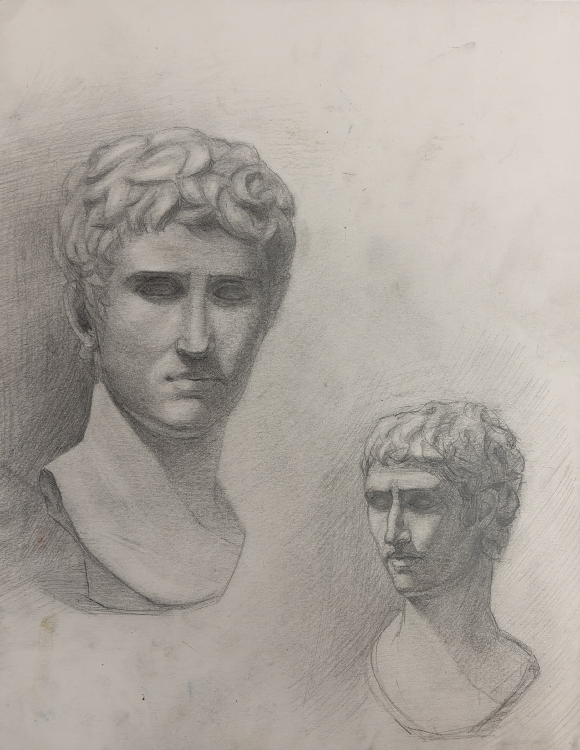 Work 15: Two views of a sculpture of Augustus Caesar, drawn in pencil with crosshatching to study structure and lighting.