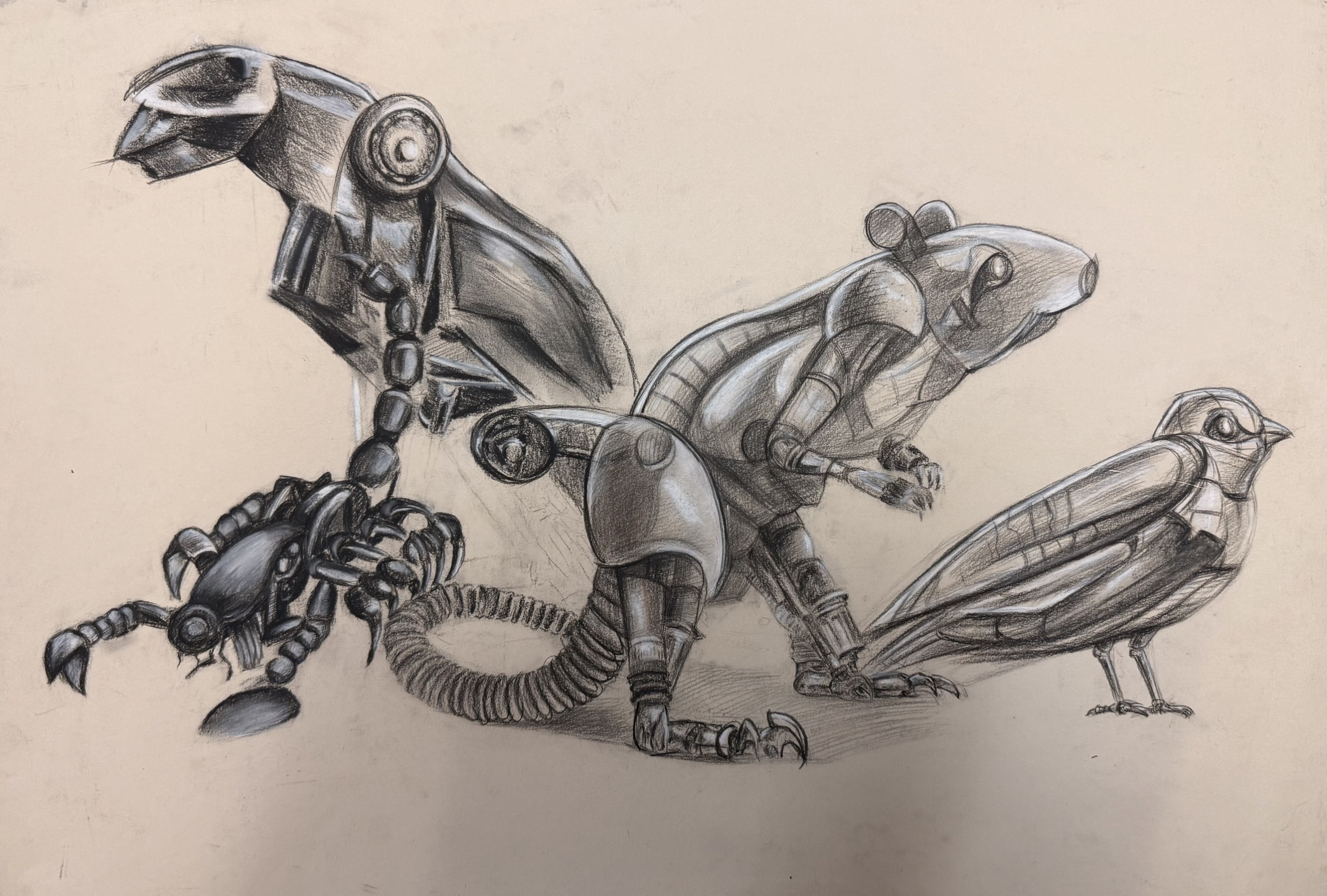 Work 16: A drawing that uses well-defined light and shadow to combine robotics and life.