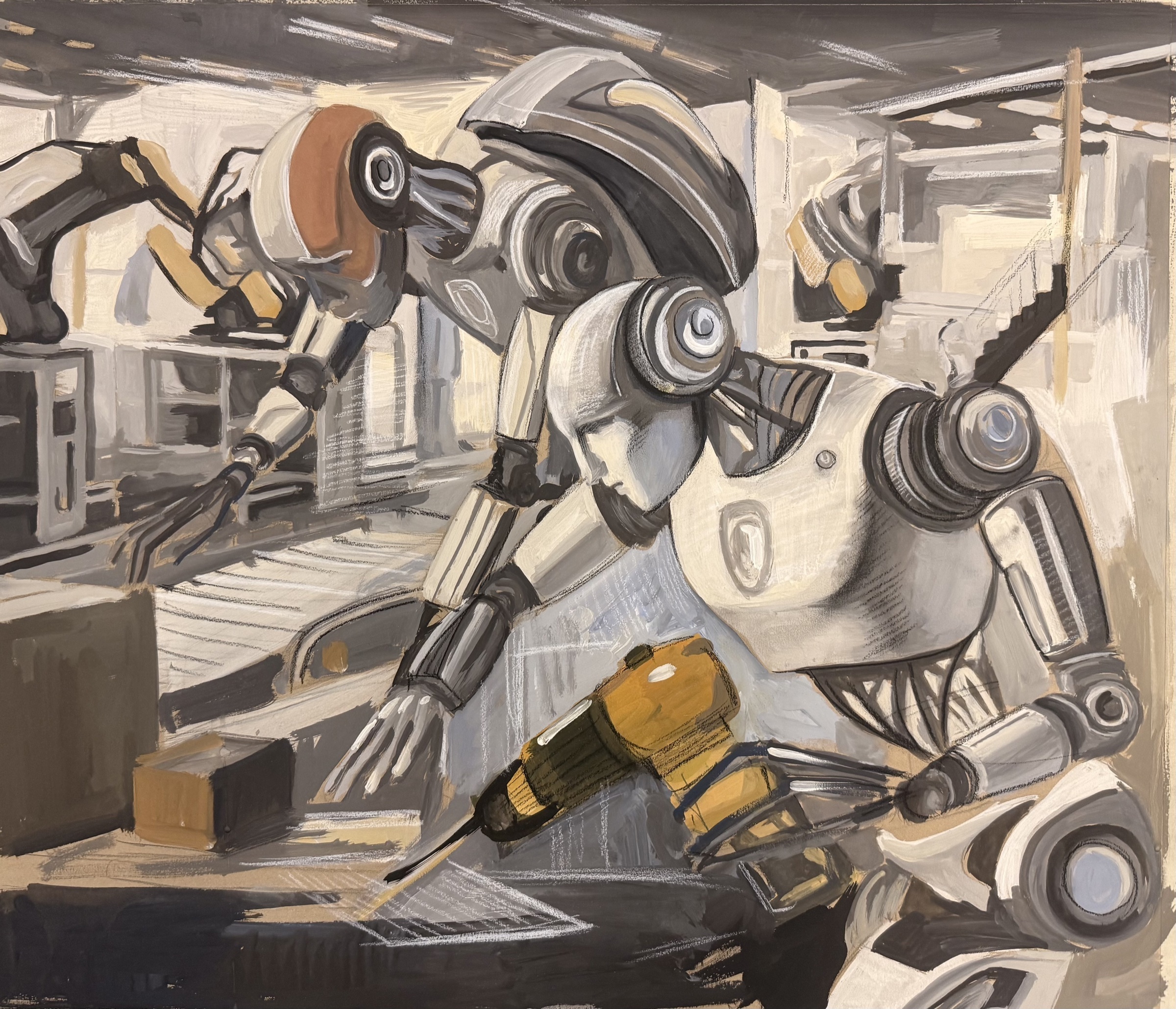 Work 17: A painting of robots at work on a factory line, linking human posture to mechanical labor.