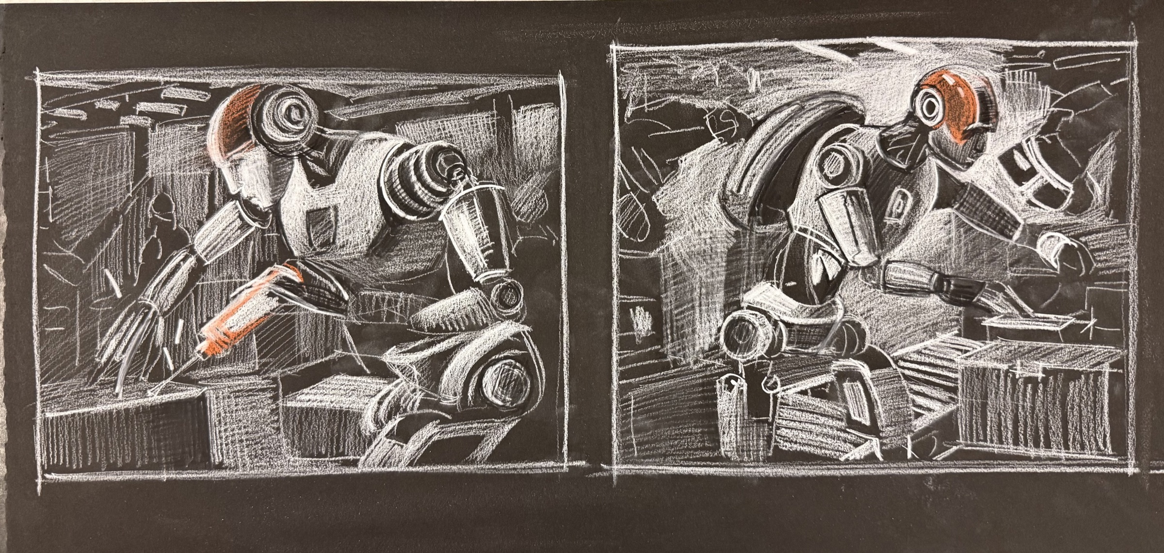 Work 18: Chalk sketches on black paper developing robot figures at work.
