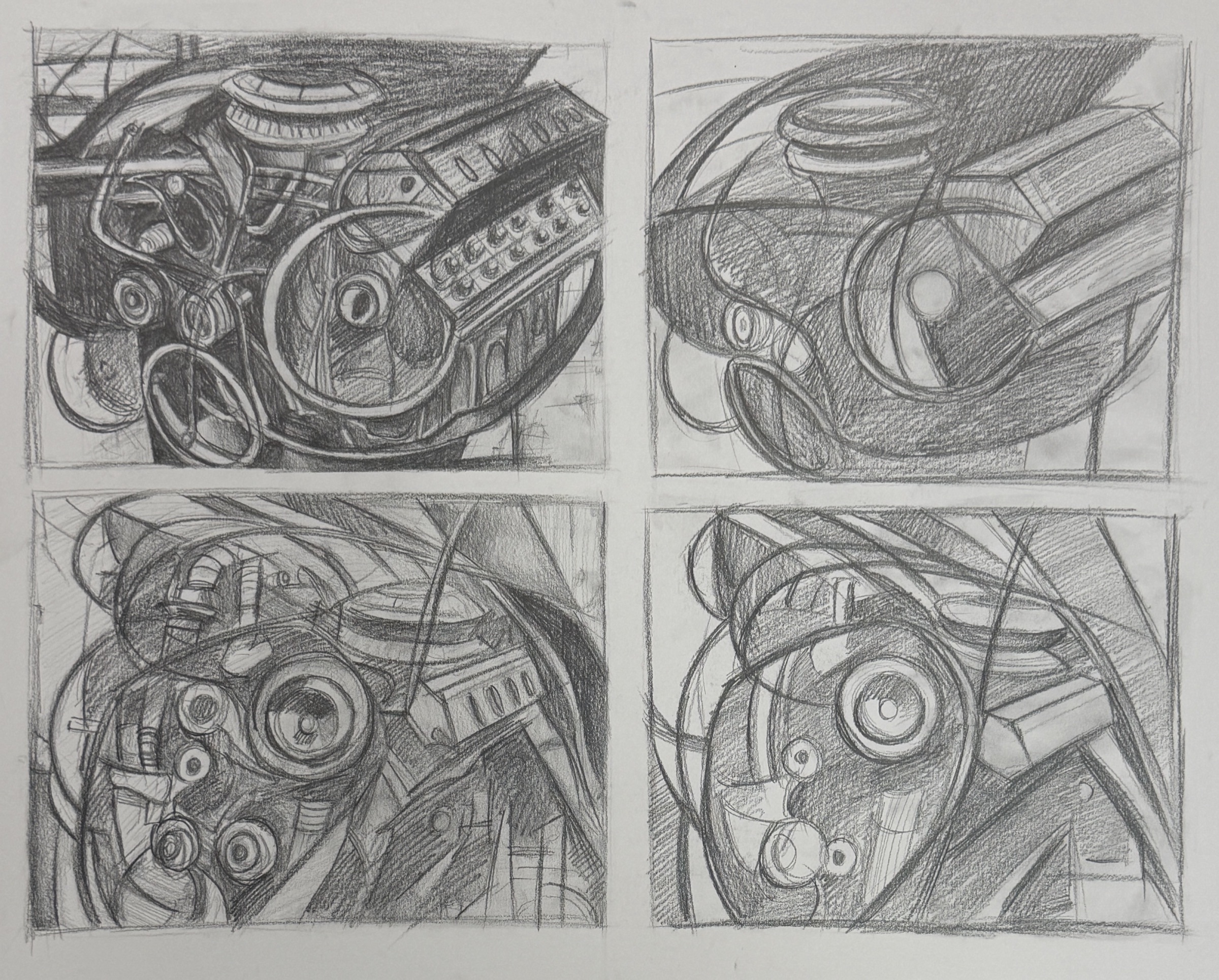 Work 20: Four pencil thumbnails exploring the composition of the engine painting.